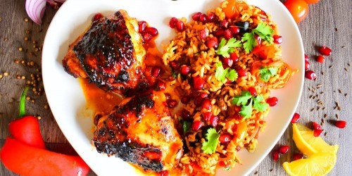 Harissa Chicken and rice pilaf with olives and pistachios
